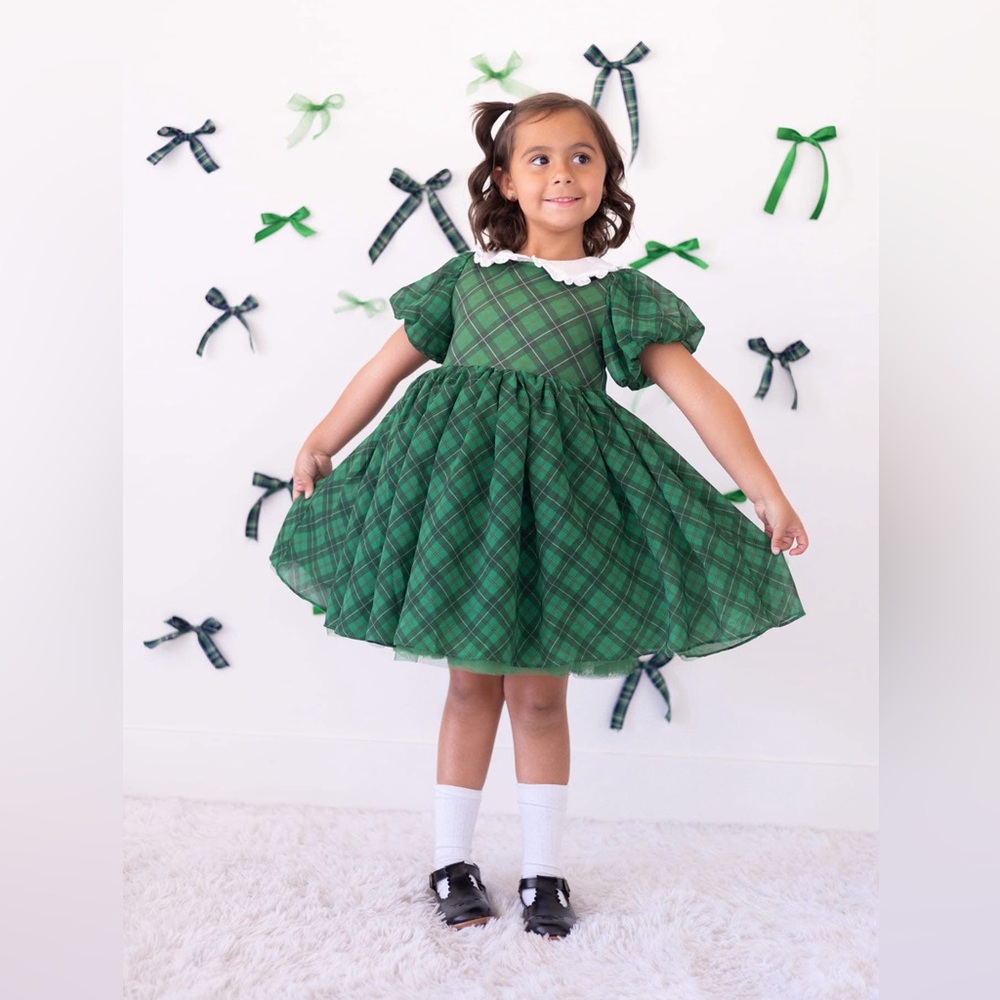 Holly and Bloom green plaid puff dress
